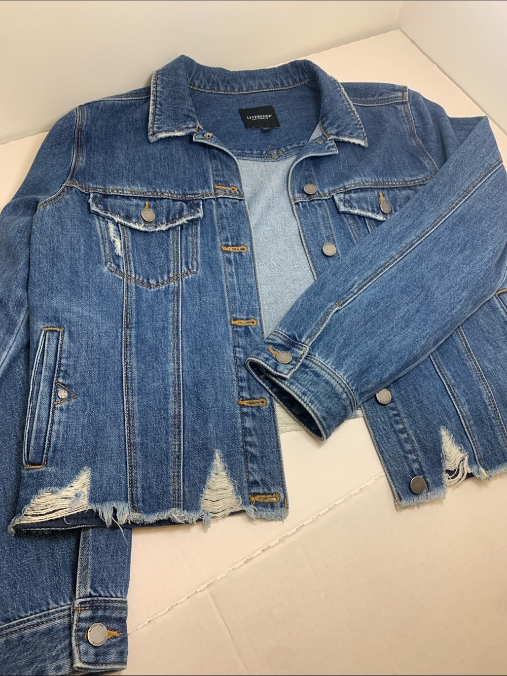 Liverpool Lightly Distressed Blue Denim Jacket with Button Closures